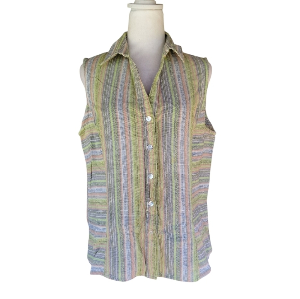 Indigenous One Weave Striped Organic Cotton Sleeveless Button Front Size XL